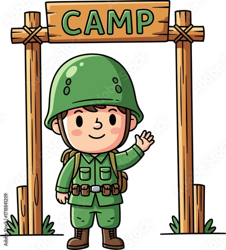 little soldiers camp arrival a cartoon of hope and bravery, isolated on transparent background