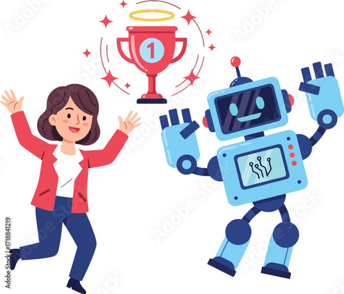 Woman and robot celebrating winning first place achievement