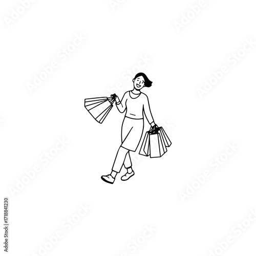 Black and white line art of a beautiful happy woman carrying shopping bags minimalist cheerful illustration