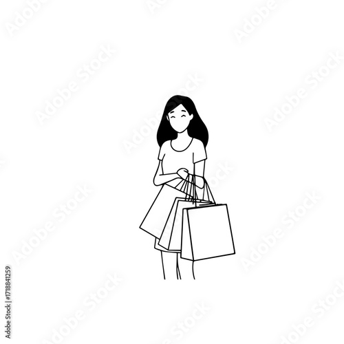 Black and white line art of a beautiful happy woman carrying shopping bags minimalist cheerful illustration