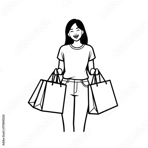 Black and white line art of a beautiful happy woman carrying shopping bags minimalist cheerful illustration