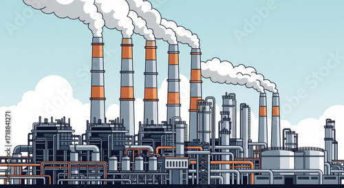 An illustration depicts an industrial complex with multiple smokestacks emitting pollution into the sky.