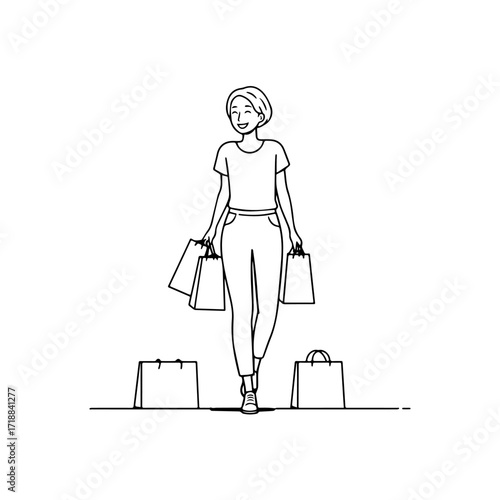 Black and white line art of a beautiful happy woman carrying shopping bags minimalist cheerful illustration