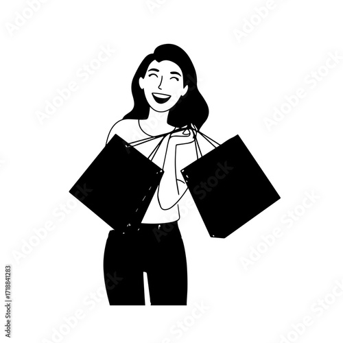 Black and white line art of a beautiful happy woman carrying shopping bags minimalist cheerful illustration