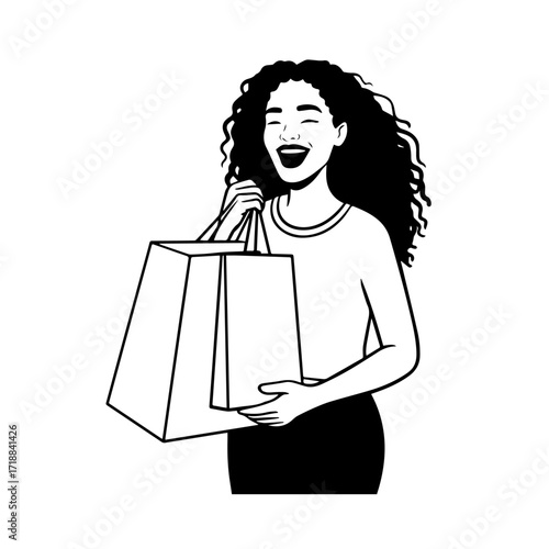 Black and white line art of a beautiful happy woman carrying shopping bags minimalist cheerful illustration