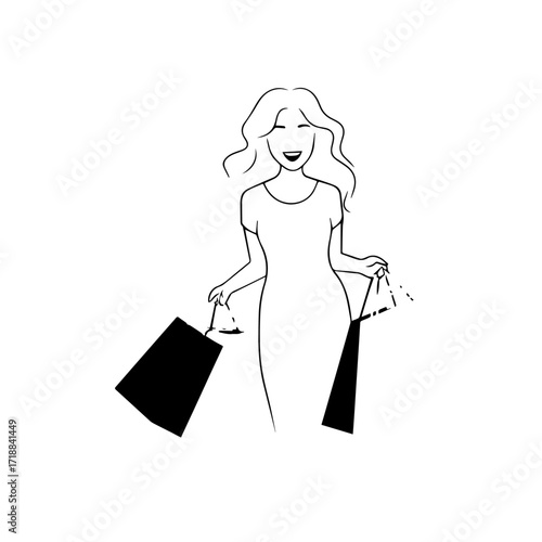Black and white line art of a beautiful happy woman carrying shopping bags minimalist cheerful illustration