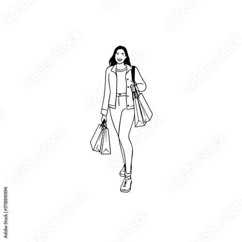 Black and white line art of a beautiful happy woman carrying shopping bags minimalist cheerful illustration