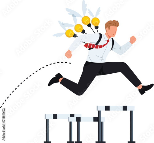 Businessman jumping hurdles with idea lightbulbs on back