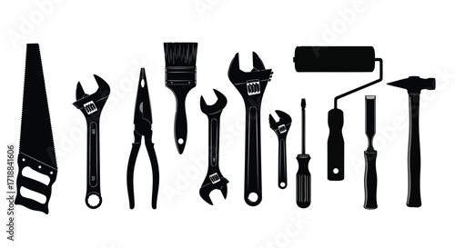 Vector illustration of illustration of collection of black silhouette tools for repair and construction isolated on white