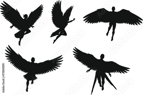 Angel silhouettes with large wings, flying winged human figures in spiritual poses, fantasy mythology illustration for religion, freedom, and celestial design