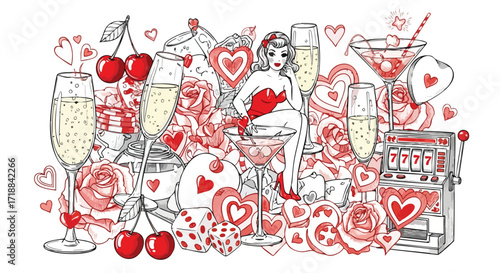 Glamorous pin-up girl surrounded by sparkling champagne, roses, and casino elements evokes a thrilling night of romance and luck