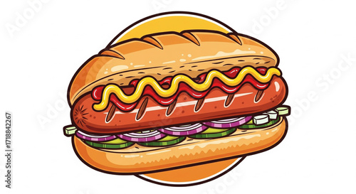 Cartoon illustration of a hot dog with mustard, ketchup, and toppings on a bun.