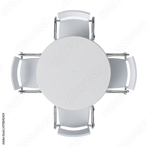 Overhead view of a round white table with four white chairs