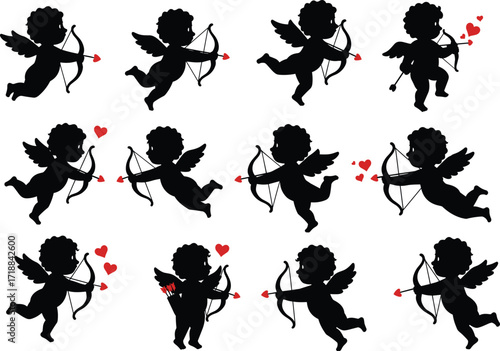 Cupid silhouette collection with bow and arrow, romantic cherub shooting hearts, valentine angel artwork, wedding love symbol, holiday romance design