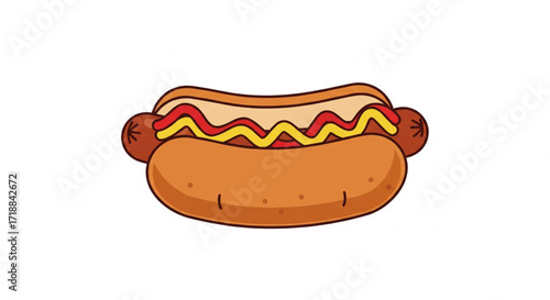 Cartoon illustration of a hot dog with mustard and ketchup.