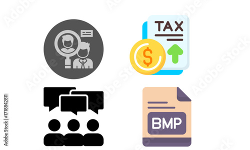 Four distinct icons representing various business concepts: recruitment, tax increase, group discussion, and a BMP file document.