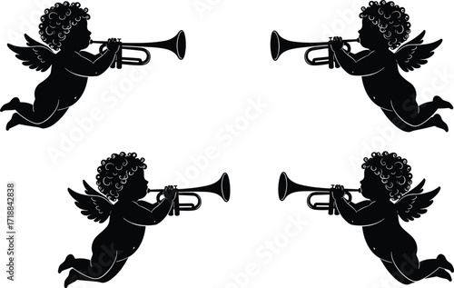 Flying cupid silhouette blowing trumpet, romantic angel artwork, valentine decoration design, wedding love symbol, classical cherub illustration, holiday romance background, cupid art