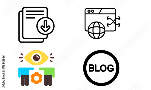 Collection of icons representing document download, web sharing, teamwork, and blogging.