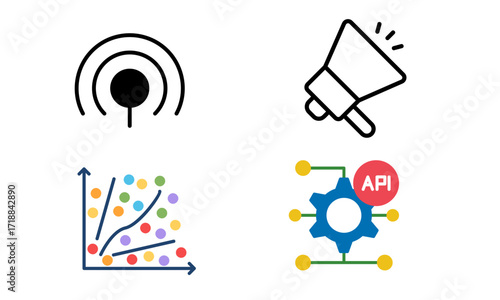 Data analysis, signal transmission, and API integration represented by conceptual icons