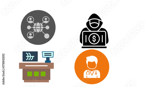A collection of four distinct icons representing global networking, cybercrime, a medical reception desk, and a doctor.