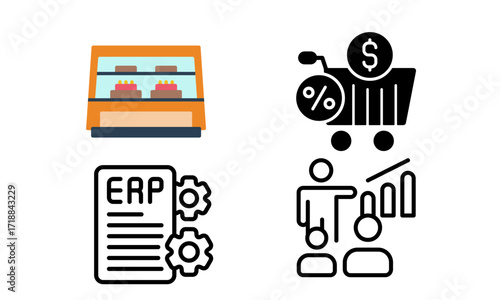 Bakery shop display case, sales, ERP, business presentation, and financial analysis icons.