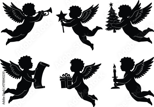Christmas angel cupid silhouettes with wings holding trumpet, star, tree, scroll, gift and candle, festive holiday vector illustration design