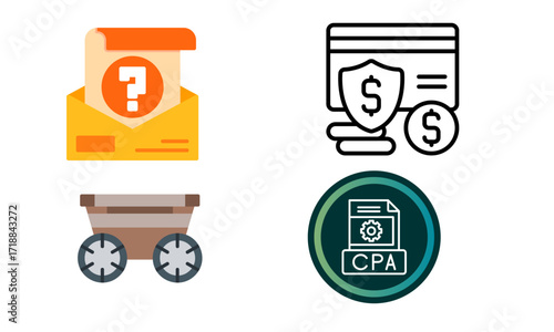 Collection of four icons representing inquiry, financial security, mining, and accounting.