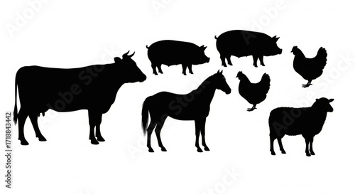 Silhouetted farm animals including a cow, pigs, horse, chickens, and a sheep.