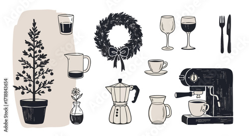 Festive holiday icons and cozy beverage essentials create a warm, inviting scene perfect for seasonal promotions and winter celebrations.