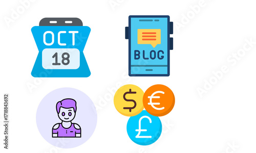 Icons representing online blogging, personal profiles, financial transactions, and scheduling dates.