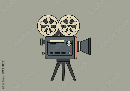 Illustration of a vintage film camera with reels, tripod, and lens, capturing a moment.