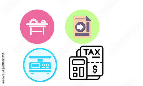 Four icons representing woodworking, paperwork, weighing, and accounting.
