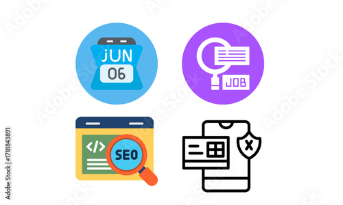 Four distinct icons representing business concepts: a calendar, job search, SEO, and secure payment on a mobile device.