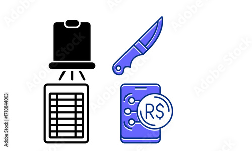 Vector icon set illustrating the online marketplace for virtual items, showing gaming assets, digital currency, and inventory management