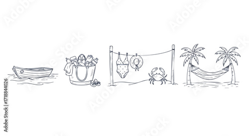 Delightful beach getaway line art featuring boat, bucket with beach essentials, swimsuit, crab, and hammock strung between two palm trees for summer fun