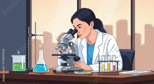 A female scientist in a lab coat is looking through a microscope, surrounded by lab equipment.