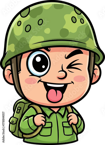 playful soldier cartoon winking mischief and tongue out, isolated on transparent background