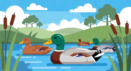 Three ducks swimming in a placid lake, surrounded by lush greenery and a clear sky.
