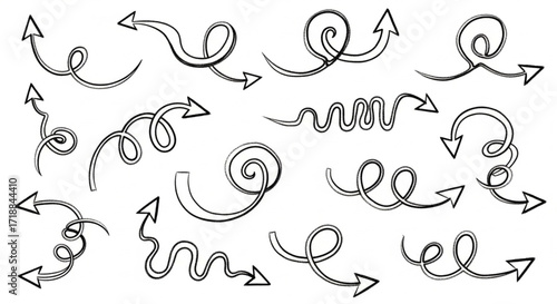A collection of hand-drawn, swirling arrows pointing in various directions, isolated on white.