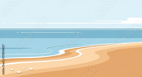Simple illustration of a tranquil beach scene under a light sky.