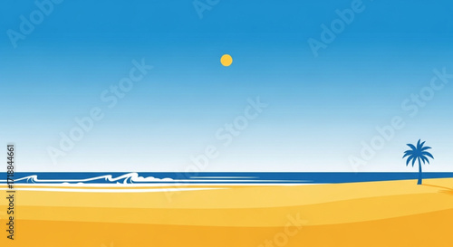 A minimalist illustration of a beach scene, featuring ocean, palm tree, and sun.