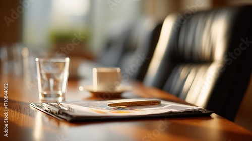 Meeting Room Setup with Paperwork and Coffee on Wooden Table
