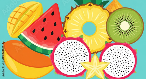 Colorful arrangement of sliced tropical fruits including mango, watermelon, pineapple, kiwi, dragon fruit, and starfruit.