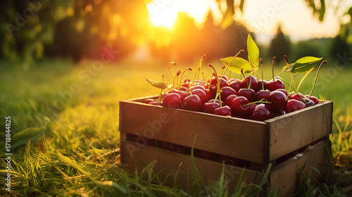 Collecting cherries in the garden. The boxes are freshly picked red cherries. Industrial cherry orchard. Close up view of green grass and full boxes
