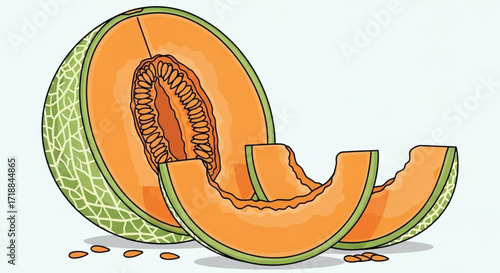 Illustration of a cantaloupe, halved with slices, and seeds, on a white background.