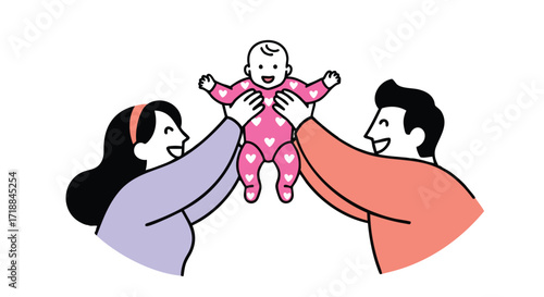 Joyful parents holding baby in air with love hearts romper, celebrating family bonding and happiness, perfect for baby product ads and family blogs