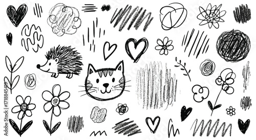 Adorable hand-drawn style animal and floral doodles for charming kids crafts, creative designs, and heartwarming illustrations with playful vibes