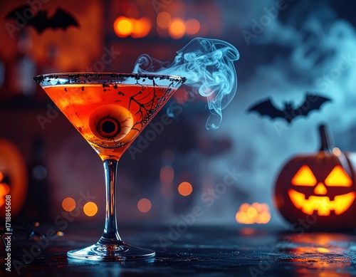 A spooky Halloween cocktail garnished with an eye, emitting smoke, surrounded by festive decorations like pumpkins and bats.