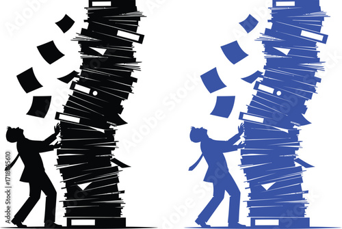 Overwhelmed businessman with paperwork and falling document