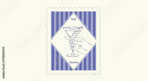 Elegant martini postage stamp illustration with hand and olives, a sophisticated graphic for cocktail hour promotions or sophisticated bar designs